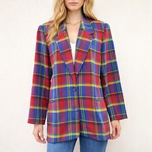 Vintage 90s Ellen Figg Plaid Tartan Blazer Made USA Size 10